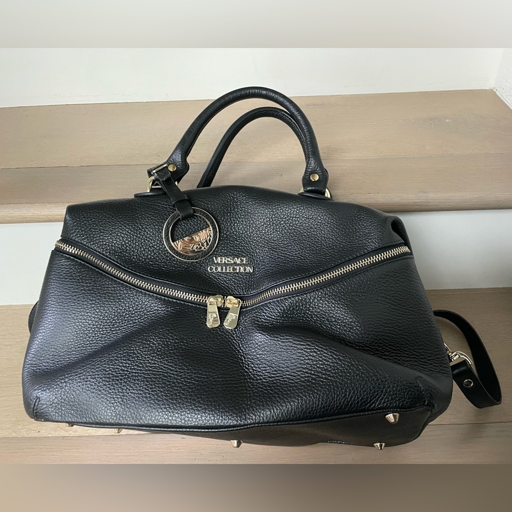 Versace Collection Black Pebbled Leather Shoulder Bag